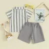 의류 세트 2pcs 유아 아기 여름 옷 스트라이프 짧은 소매 버튼 다운 셔츠 탄성 허리 반바지 캐주얼 의상
