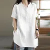 T-shirts Femmes 2024 Printemps / Été Mode Coton et Lin Loose Top Couleur Solide Bouton Twist Loisirs Parents Femmes à manches courtes