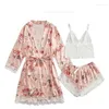 Femmes de nuit sexy dentelle impression femmes 3pcs robe pyjamas ensemble mariée robe de chambre rayonne chemise de nuit lingerie peignoir vêtements de maison