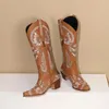 Boots 2024 Autumn Winter Women Mid-calf Plus Size 22-26.5cm Embroider Pu Upper Modern Thick Heel Western