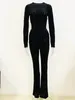 Damen Zweiteilige Hose HIGH STREET Est 2024 Designer Runway Suit Set Elastic Perspective Embossed Velvet Playsuit Tops Flare 2tlg