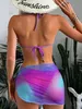 Womens Sexy 3 Pieces Suit Swimwear Tie-dye Micro Bikini Set with Skirt Cover-Up High Waist Swimsuit Push Up Beachwear 240327