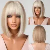 Wigs HAIRJOY Brown Blonde Ombre Bob Wigs for Women Cosplay Wig with Bangs Dark Roots Gray Natural Synthetic Hair