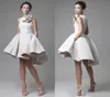 Vestido de casamento de renda krikor jabotian jóia sem mangas alta baixa vestidos de casamento curto aline praia vestidos de noiva com flor6792976