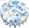 Borddukblå blommafjäril Floral rund TABLEDLED 60 tum Bord Täck Polyesterfläck och rynkebeständigt bordsduk för matsal Y240401
