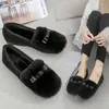 Casual Shoes Bowknot Furry Woman Winter Plush Solid Flats Round Toe Flock Slip-On Creepers Loafers Female Corth Cotton Footwear