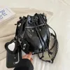 Drawstring Luxury Designer Rivet Motorcycle Style Women's Bucket Bag Shoulder Handbag Black Fashion Brand Crossbody