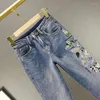 Damen-Jeans, Retro-Stickerei, gerade, gewaschene Denim-Hose, Frühling, Baumwolle, Stretch, hohe Taille, lockere lässige Damen C8119