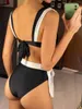 Frauen Bademode Spleißen U Neck Geknotet Hohe Taille Bikini Weiblichen Badeanzug Frauen Zwei-stück Set Badende Badeanzug schwimmen V4980