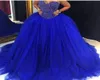 2020 Neue günstige Königsblau Puffy Tüll Ballkleid Brautkleider Brautkleider Schatz Kristall Perlen Plus Size Quinceanera Kleid3208179