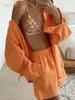 Kvinnors träningsdräkter Clablive Casual Loose Orange Cotton 2 Piece Set Women Outfit 2024 Elegant långärmad skjorta med hög midjeshorts