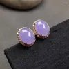 Dangle Earrings Violet Small Ear Studs Inlaid Natural Chalcedony Fashionable Temperamental All-Match Exquisite Ear-Caring Gift For Family