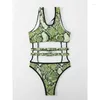 Mulheres Swimwear 2024 Verde Snakeskin One Piece Bikini Halter Ring Praia Verão Sexy Triângulo Bag Banheira Terno Vintage Maiô