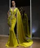 2022 Arabic Lemon Green Crystals Formal Evening Dresses Mermaid Style Dubai Indian High Neck One Sleeve Cape Beads Long Trumpet Pr6707215