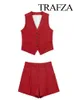 TRAFZA Women Elegant Solid Button Sleeveless Linen Shorts Set Vintage Casual V Neck Chic Vest 2024 Womens Office Lady Suit 240323