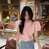 Kvinnors tröjor gkyocq koreanska mode kvinnor stickade o nacke kortärmad tröja mohair mjuk puffhylsa rosa kvinnliga stickningar