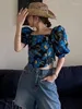 Женские блузки, модный дизайн, топы с квадратным вырезом и рукавами-пузырьками, хлопковая и льняная синяя футболка с принтом, летние элегантные короткие футболки в стиле ретро Y2K