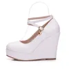 Dress Shoes Sexy White Platform Wedges Pumps Women High Heels Round Toe Cross Tie Large Size