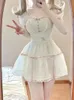 Kawaii Sweet 2 Piece Dress Set Women 2024 Summer Short Sleeve Y2k Crop Tops Mini Skirt Female Outfits Korean Fashion Suit Chic 240323