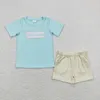 Set di abbigliamento all'ingrosso T-shirt verdi in cotone a maniche corte per bambini Pantaloncini scozzesi per bambini Completi Ricami estivi per bambini