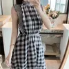 Casual Dresses Black White Plaid Chiffon Sleeveless Maxi For Women Korean Fashion Clothing 2024 Vestido De Mujer High Waisted Y2k Dress