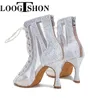 Sapatos de dança Loogtshon Mulheres Pele Latina Cetim Brilhando Grande Pequeno Strass Dança Flare Heel 9cm Pé Estreito Ajustar Largura