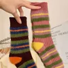 Women Socks 3PCS Korean Thick Lines Retro Striped Match Color Imitation Mink Velvet Hairy Cute Sweet Autumn Winter Warm Mid-tube