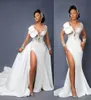 Nuovo arrivo di lusso in cristallo Plus Size Abiti da sposa a sirena con maniche lunghe Abiti da sposa spaccati Abiti da spettacolo per donne sexy4428953