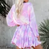 Casual Dresses Missjoy Women's Long Sleeve Lace Up Short Swing Dress Spring Tie Dye Printed Round Neck Loose A-Line