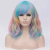 Wigs MSIWIGS Black and White Cosplay Wigs for Women Wavy Short Synthetic Wig Purple Rainbow Heat Resistant