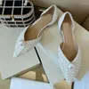 Casual skor est pärla platt kvinna pekade tå stor strass vit äkta läder sandaler lady bröllop