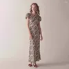 Party Dresses Rustic Style Floral Slim Long Women's Niche French Vintage Printed Bubble Sleeve Waisted A-line