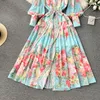 Basic Casual Jurken 2024 Lente Zomer Bloemenprint Chiffon Boheemse Jurk Dames Stand Lange Lantaarnmouwen Ruches Knopen Riem Maxi Gewaad Vestidos