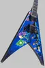 Custom Shop Dave Mustaine Rost in Peace Blue Flying V E -Gitarrenhandwerk Farbe, aktive Abholung 9V Batterie Box, schwarze Hardware, Haifischflosse Inlay