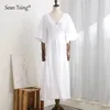 Party Dresses Cotton Women Short Sleeve V-Neck Solid Color Lace-up Crepe Gauze Maxi Dress Casual Elegant Harajuku Nightgown Robe