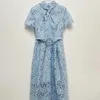 Party Dresses Women Blue Lace Hollow Out Midi Dress Temperament 2024 Spring Summer Female Short Sleeve Long Robe With Sashes