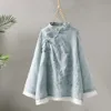 Kobiety Spring Top Chinese Style Hafted Wzór kwiatowy Koszula Vintage Solid Kolor Knot Button Lose Women Ubranie 240322