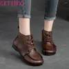 Boots GKTINOO Genuine Leather Zip Winter Shoes Women Round Toe Flat With 2024 Handmade Sewing Leisure Lace-up Ladies