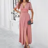 Vestidos de festa das mulheres temperamento de cor sólida magro v pescoço bodycon formal convidado de casamento midi túnica para o verão