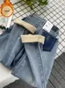 Calças de brim femininas inverno veludo moda cintura alta reta calças largas perna contraste cor solta calças jeans tendência