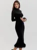 Mozision Elegant Feather Sexy Midi Dress For Women Black Fashion Sheer Long Sleeve Backless Bodycon Club Party 240315
