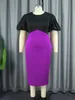 Zwart En Paars Patchwork Vrouwen Chic Schede Feestjurk Bodycon O Hals Lantaarn Mouwen Potlood Kantoor Dame Plus Size 240327