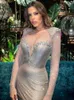 Casual Dresses Women Summer Sexig långärmad O Neck Pärlor Diamonds Beige Mini Bodycon Bandage Dress 2024 Elegant Evening Club Party