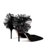 Scarpe eleganti Fiore nero Strass Sandali moderni Designer di marca Stiletto Slingback estivo in pelle per le donne Décolleté da festa