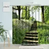 Shower Curtains Forest Park Scenery Curtain Green Plants Flowers Wooden Bridge Road Spring Natural Landscape Bathroom With Hook Screen