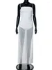 Abiti casual Joskaa Mesh See Through Spaghetti Strap Abito bianco Donna Sexy Side High Split Backless Bodycon Maxi 2024 Party Clubwear