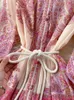 Outono férias rosa maxi dres roupas turleneck manga longa lanterna flor retro impressão com cinto chiffon solto vestidos 240321
