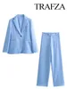 Kadınlar iki parçalı pantolon trafza dişi set mavi dönüş yakalı uzun kollu cepler tek düğme orta bel fermuar geniş bacak kadın takım elbise