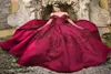 2022 Dark Red Quinceanera Dresses Sparkly Sequined Lace Ball Gown Spaghetti Straps Off Shoulder Crystal Beads Corset Back Satin Sw7819612