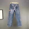 Damen-Jeans, Retro-Stickerei, gerade, gewaschene Denim-Hose, Frühling, Baumwolle, Stretch, hohe Taille, lockere lässige Damen C8119